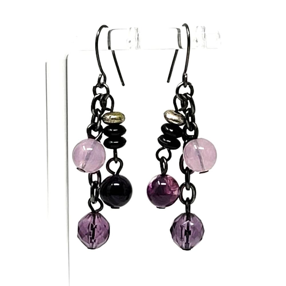 Dangle Drop Earrings Purple Beads Pierced Ears Hooks 2 inches Long